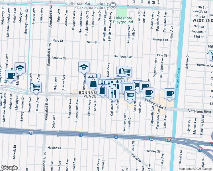 map of restaurants, bars, coffee shops, grocery stores, and more near 652 East William David Parkway in Metairie