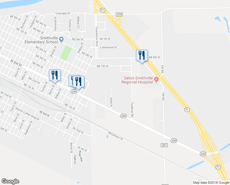 map of restaurants, bars, coffee shops, grocery stores, and more near 304 Webb Street in Smithville