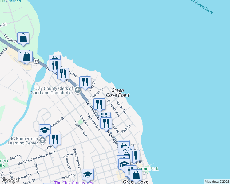 map of restaurants, bars, coffee shops, grocery stores, and more near 1 Hammock Lane in Green Cove Springs