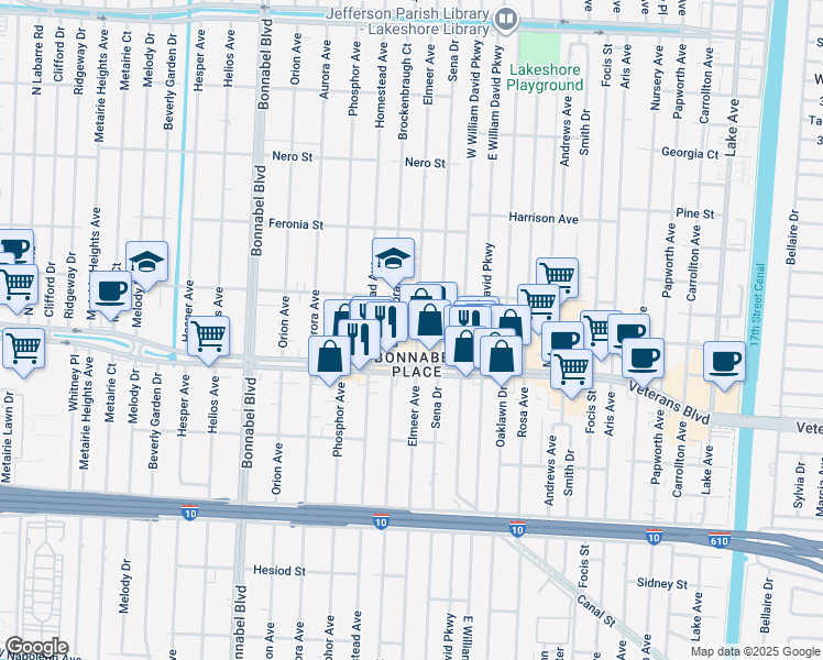 map of restaurants, bars, coffee shops, grocery stores, and more near 728 Elmeer Avenue in Metairie