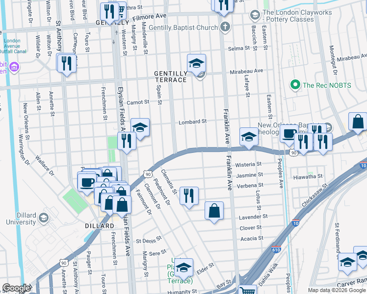 map of restaurants, bars, coffee shops, grocery stores, and more near 3525 Gentilly Boulevard in New Orleans