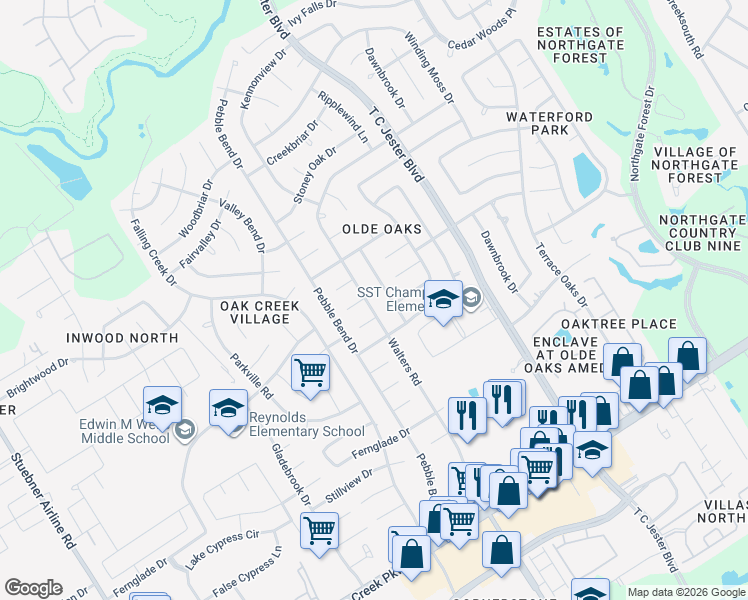map of restaurants, bars, coffee shops, grocery stores, and more near 15126 Walters Road in Houston