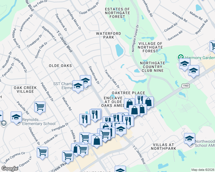 map of restaurants, bars, coffee shops, grocery stores, and more near 3219 Pebble Trace Drive in Houston