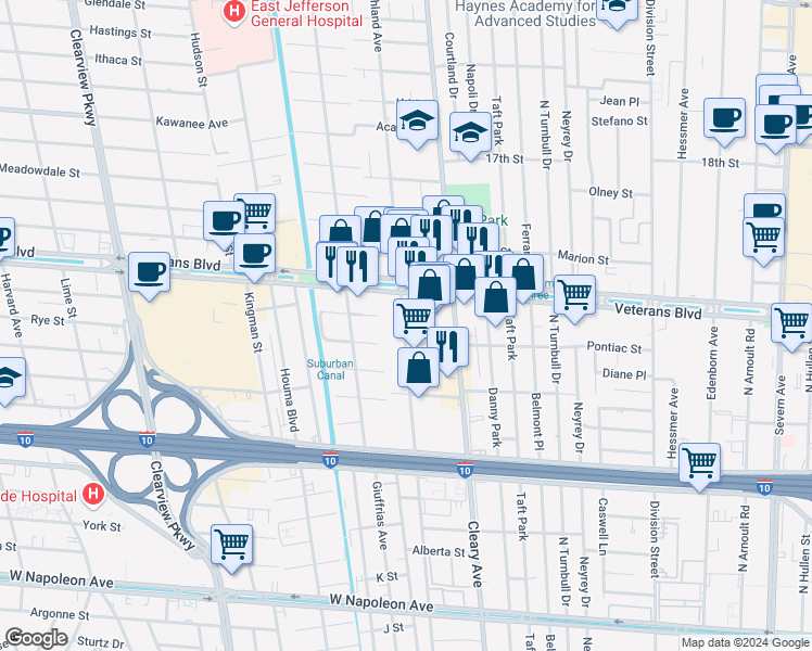map of restaurants, bars, coffee shops, grocery stores, and more near 3197 Richland Ave in Metairie
