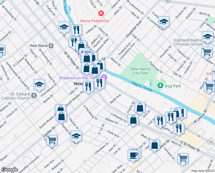 map of restaurants, bars, coffee shops, grocery stores, and more near 420 West Main Street in New Iberia