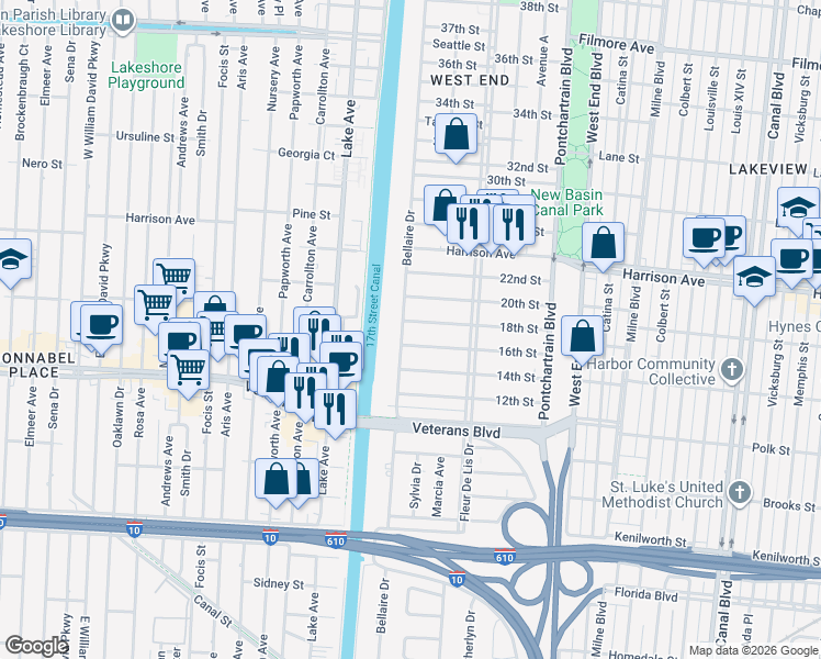 map of restaurants, bars, coffee shops, grocery stores, and more near 6145 Bellaire Drive in New Orleans