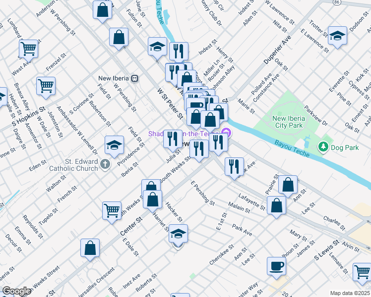 map of restaurants, bars, coffee shops, grocery stores, and more near 301 Julia Street in New Iberia