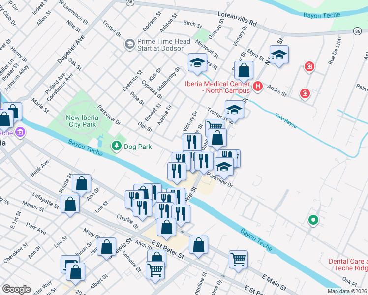 map of restaurants, bars, coffee shops, grocery stores, and more near 205 Wayne Street in New Iberia