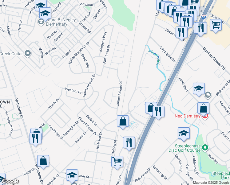 map of restaurants, bars, coffee shops, grocery stores, and more near 220 Turtle Creek Dr in Kyle