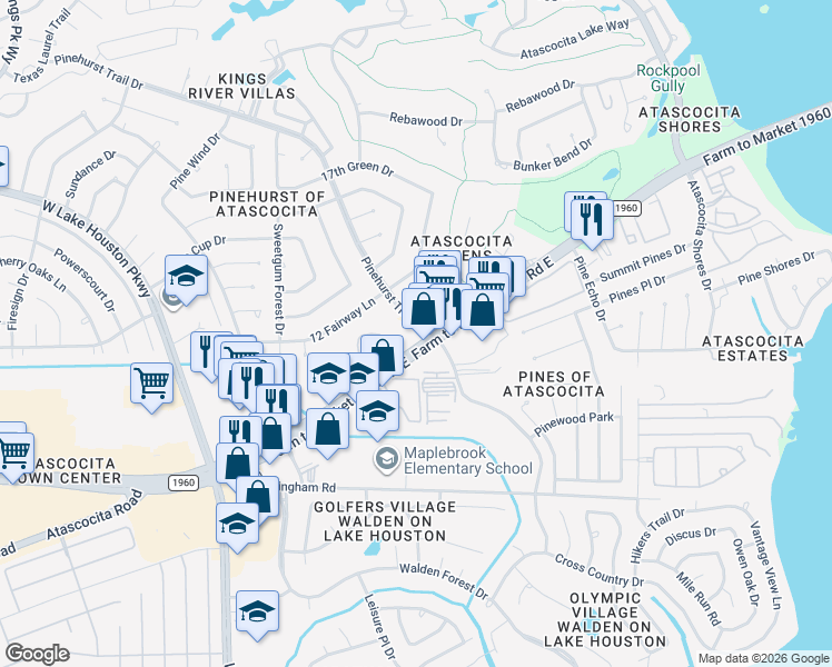 map of restaurants, bars, coffee shops, grocery stores, and more near 7927 Farm to Market 1960 in Humble