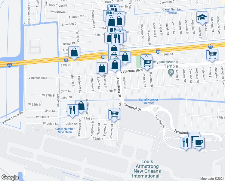 map of restaurants, bars, coffee shops, grocery stores, and more near 323 27th Street in Kenner