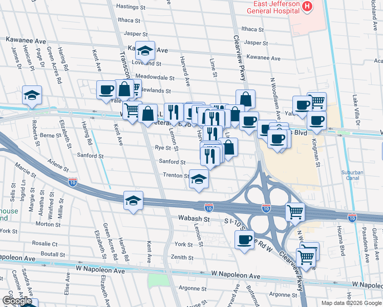 map of restaurants, bars, coffee shops, grocery stores, and more near 4816 Rye Street in Metairie