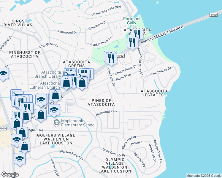 map of restaurants, bars, coffee shops, grocery stores, and more near 19702 Pine Cluster Lane in Humble