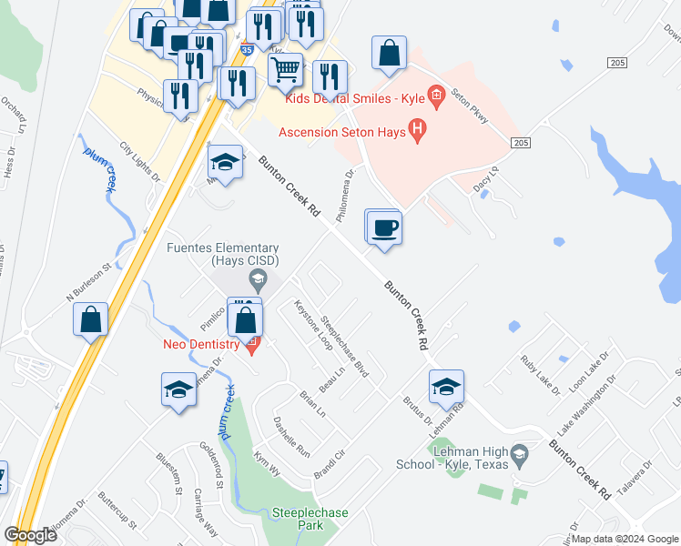 map of restaurants, bars, coffee shops, grocery stores, and more near 200 Bailey Loop in Kyle