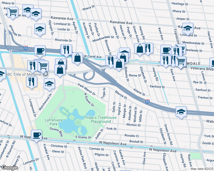 map of restaurants, bars, coffee shops, grocery stores, and more near 2915 Tugie Drive in Metairie