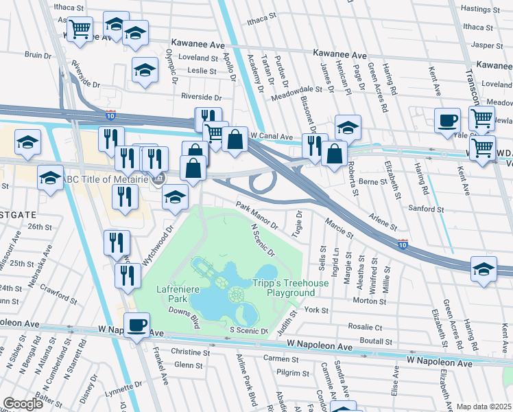 map of restaurants, bars, coffee shops, grocery stores, and more near 6495 Marcie Street in Metairie