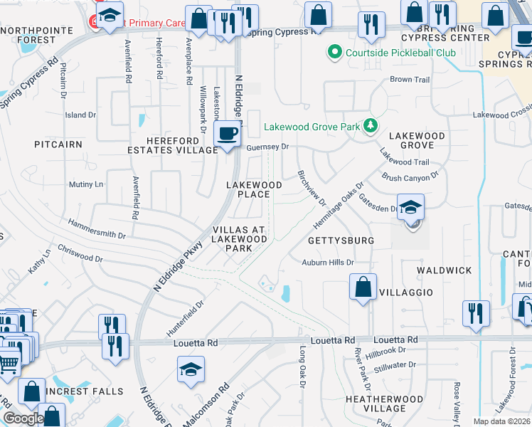 map of restaurants, bars, coffee shops, grocery stores, and more near 12112 Medina Lake Drive in Tomball