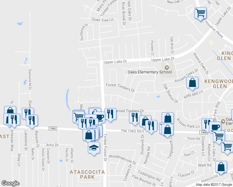 map of restaurants, bars, coffee shops, grocery stores, and more near 5431 Mossy Timbers Drive in Humble