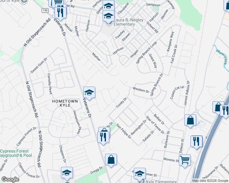 map of restaurants, bars, coffee shops, grocery stores, and more near 1279 Verna Brooks Way in Kyle