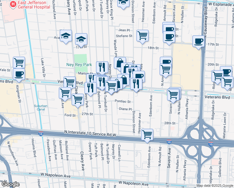map of restaurants, bars, coffee shops, grocery stores, and more near 3750 Veterans Memorial Boulevard in Metairie