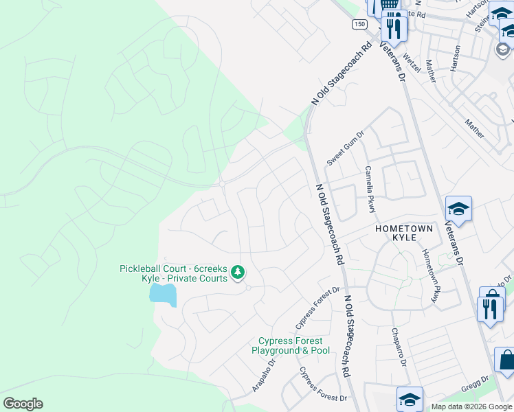 map of restaurants, bars, coffee shops, grocery stores, and more near 275 Coyote Creek Way in Kyle