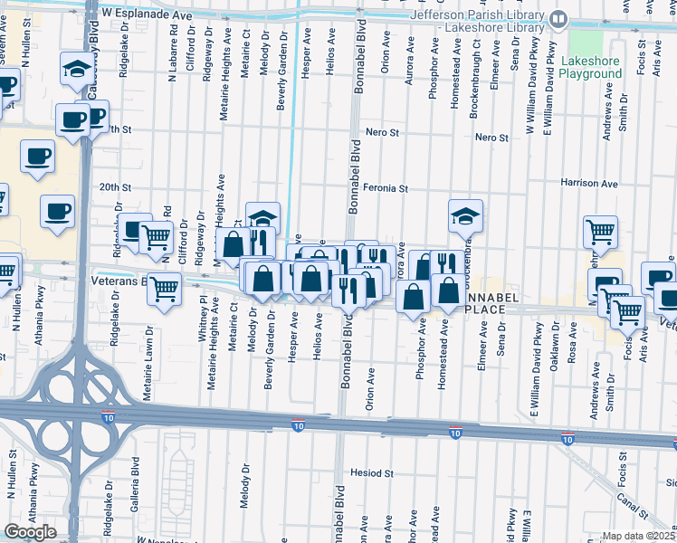 map of restaurants, bars, coffee shops, grocery stores, and more near 835 Bonnabel Boulevard in Metairie