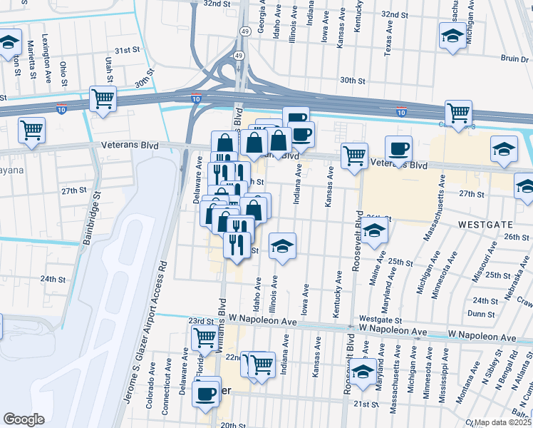 map of restaurants, bars, coffee shops, grocery stores, and more near 2608 Idaho Avenue in Kenner