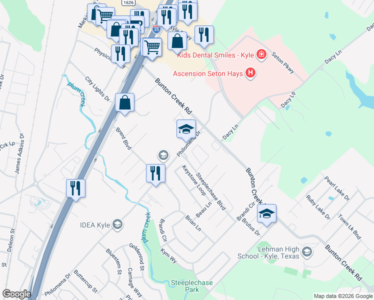 map of restaurants, bars, coffee shops, grocery stores, and more near 320 Bailey Loop in Kyle