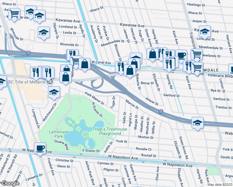 map of restaurants, bars, coffee shops, grocery stores, and more near 2915 Tugie Drive in Metairie