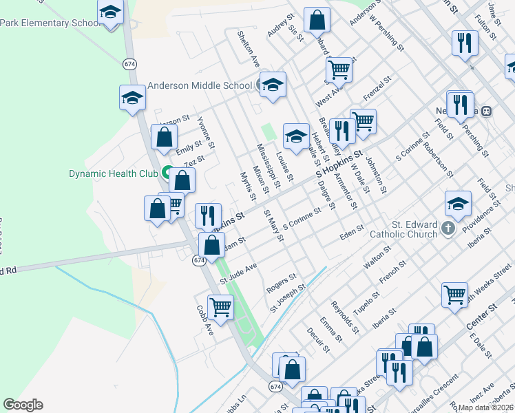 map of restaurants, bars, coffee shops, grocery stores, and more near 1376 South Hopkins Street in New Iberia