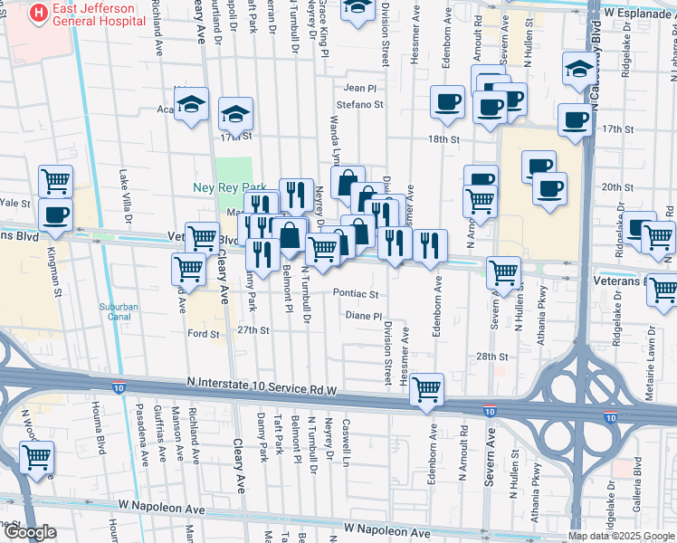 map of restaurants, bars, coffee shops, grocery stores, and more near 3750 Veterans Memorial Boulevard in Metairie