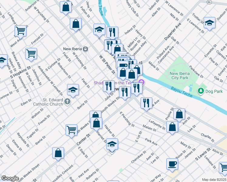 map of restaurants, bars, coffee shops, grocery stores, and more near 301 Julia Street in New Iberia