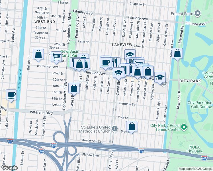 map of restaurants, bars, coffee shops, grocery stores, and more near 603 French Street in New Orleans