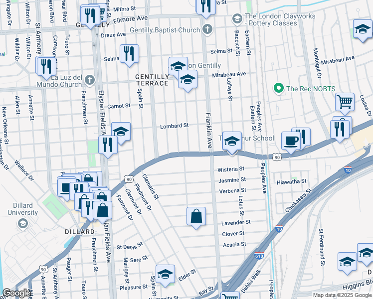 map of restaurants, bars, coffee shops, grocery stores, and more near 3633 Gentilly Boulevard in New Orleans