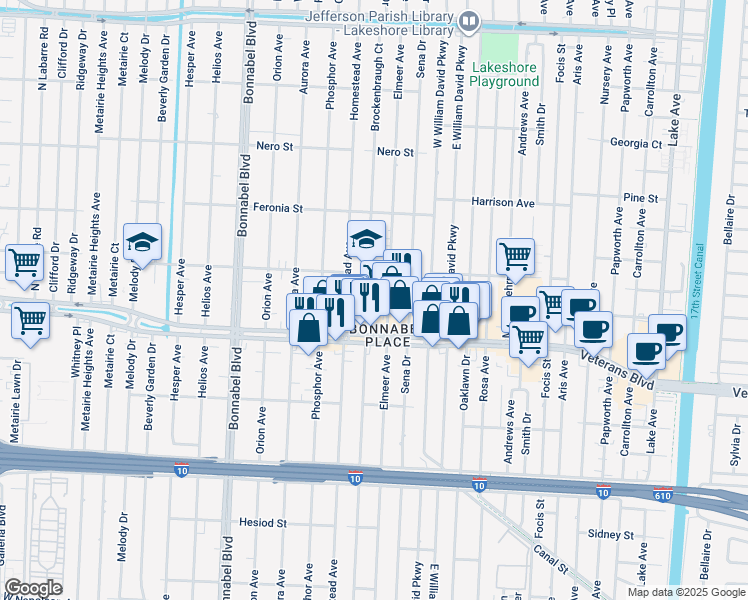 map of restaurants, bars, coffee shops, grocery stores, and more near 728 Elmeer Avenue in Metairie