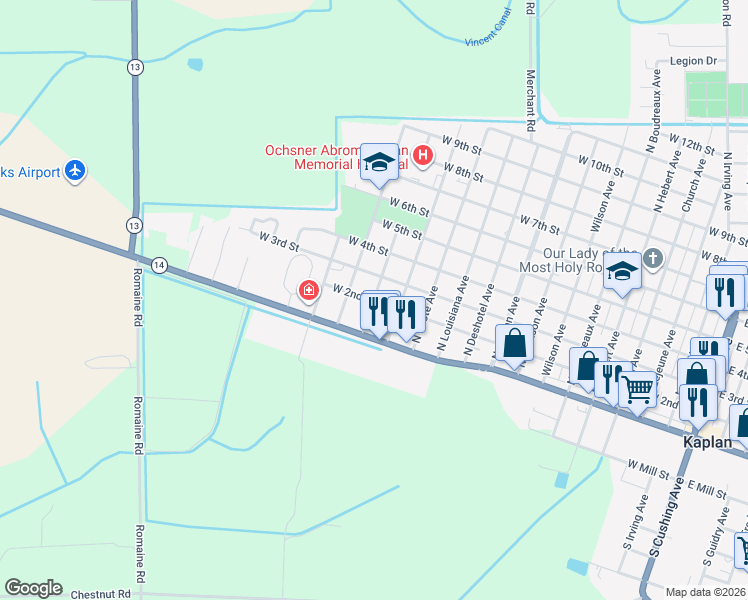 map of restaurants, bars, coffee shops, grocery stores, and more near 100-198 North Monceaux Avenue in Kaplan