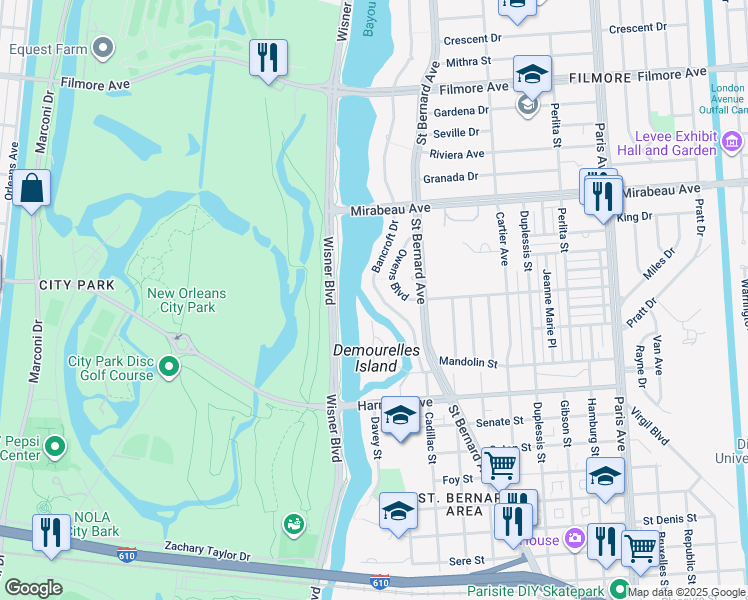 map of restaurants, bars, coffee shops, grocery stores, and more near 4514 Bancroft Drive in New Orleans