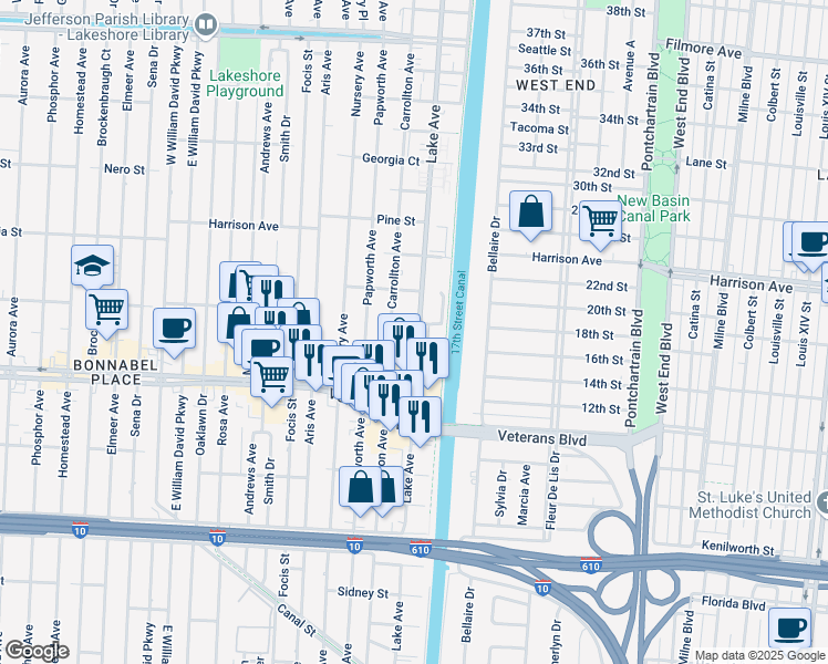 map of restaurants, bars, coffee shops, grocery stores, and more near 1010 Lake Avenue in Metairie