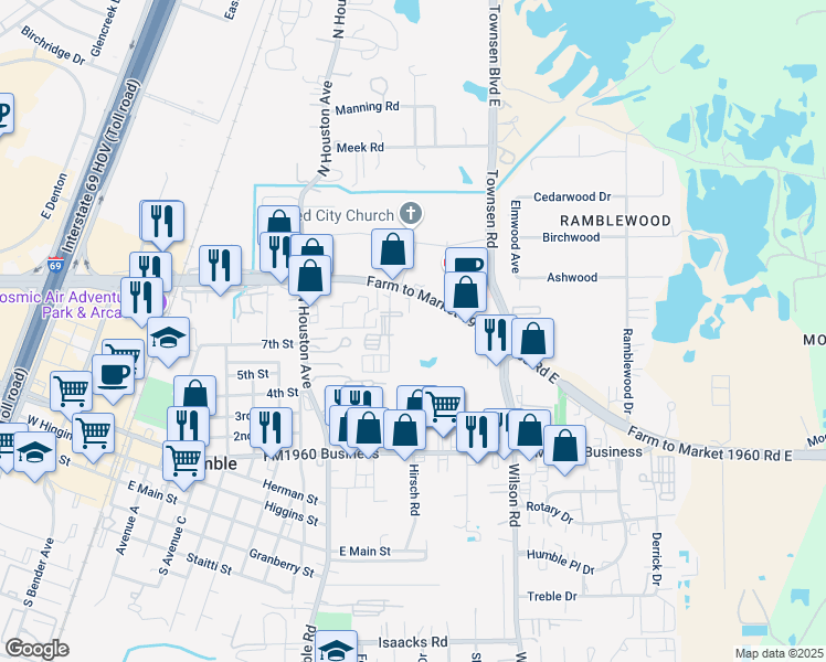 map of restaurants, bars, coffee shops, grocery stores, and more near 1400 Fm 1960 Bypass Rd E in Humble