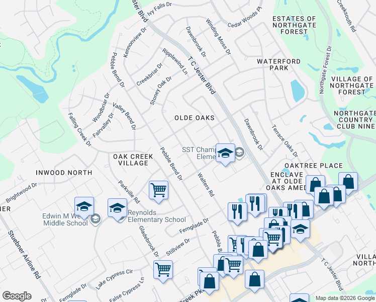 map of restaurants, bars, coffee shops, grocery stores, and more near 15126 Walters Road in Houston