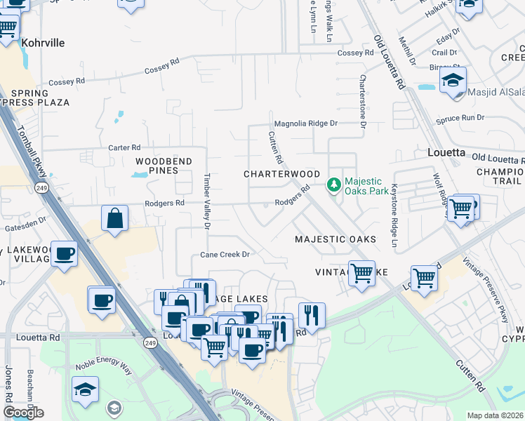 map of restaurants, bars, coffee shops, grocery stores, and more near 16025 Sugar Tree Drive in Houston
