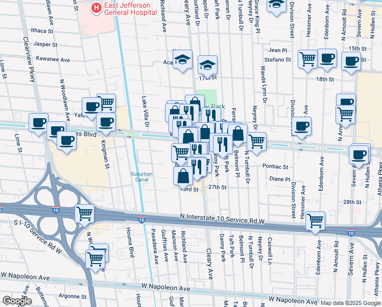 map of restaurants, bars, coffee shops, grocery stores, and more near 3200 Cleary Avenue in Metairie