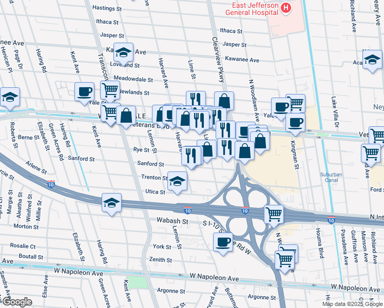 map of restaurants, bars, coffee shops, grocery stores, and more near 4740 Rye Street in Metairie