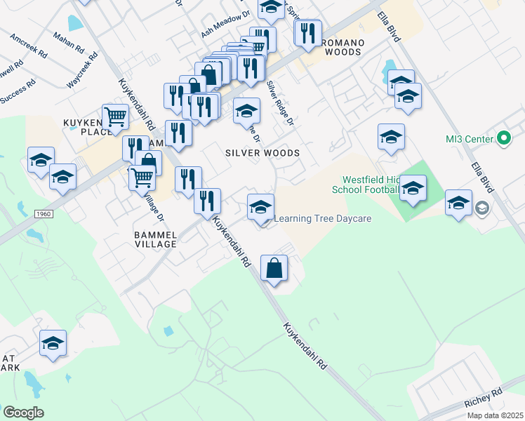 map of restaurants, bars, coffee shops, grocery stores, and more near 2200 Cypress Landing Road in Houston