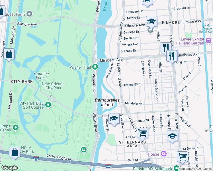 map of restaurants, bars, coffee shops, grocery stores, and more near 4514 Bancroft Drive in New Orleans