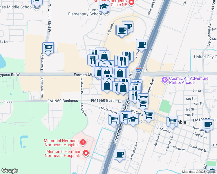 map of restaurants, bars, coffee shops, grocery stores, and more near Highway 59th North in Humble