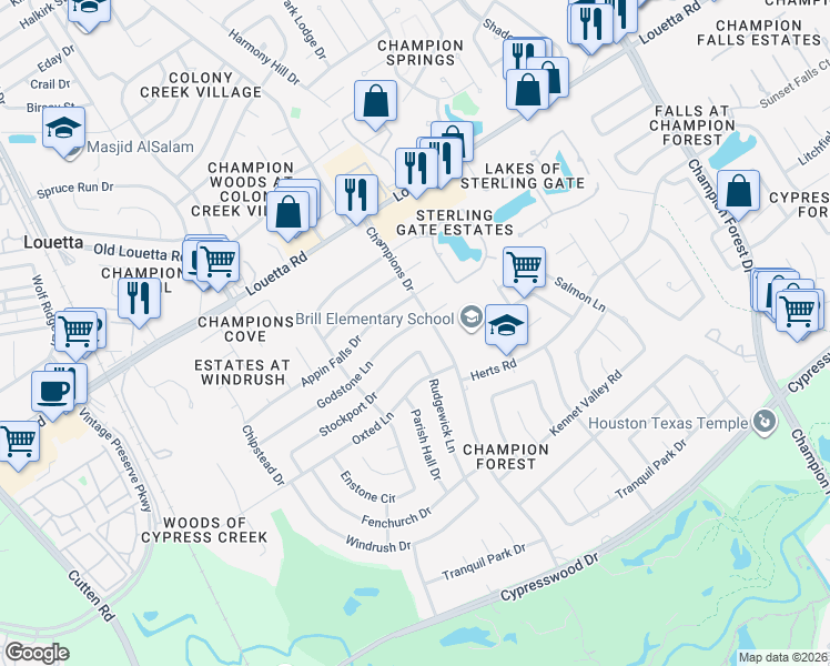 map of restaurants, bars, coffee shops, grocery stores, and more near 9302 Stockport Drive in Spring
