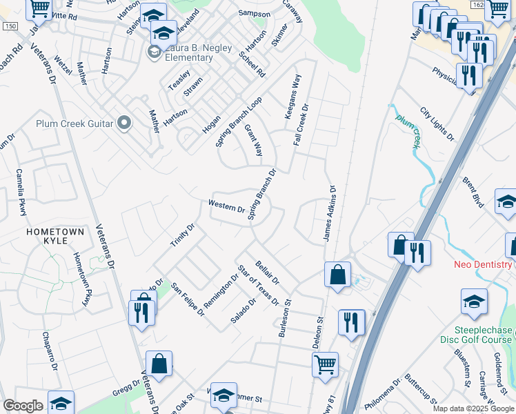 map of restaurants, bars, coffee shops, grocery stores, and more near 150 Spring Branch Drive in Kyle