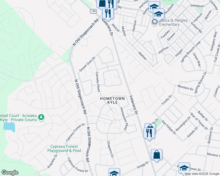 map of restaurants, bars, coffee shops, grocery stores, and more near 268 Bottle Brush Drive in Kyle