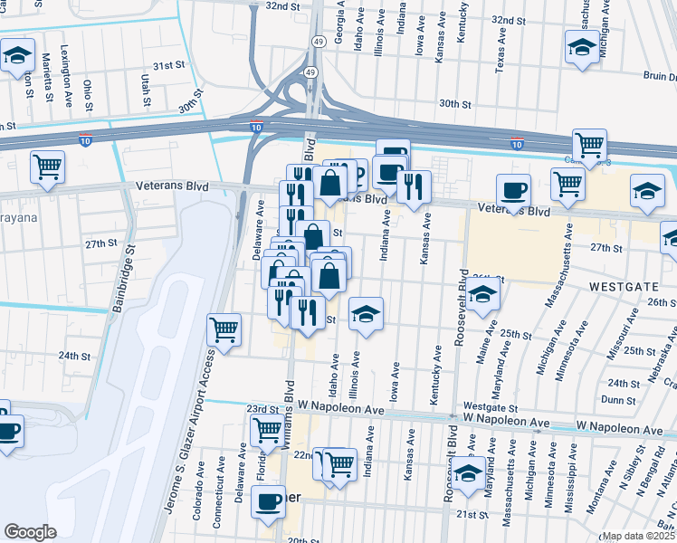 map of restaurants, bars, coffee shops, grocery stores, and more near 2608 Idaho Avenue in Kenner